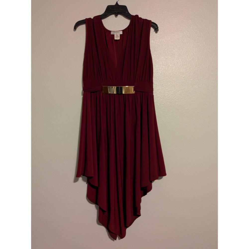 Jasmine Sportswear Burgundy High Low Handkerchief Hem Dress Gold Bar Waist L